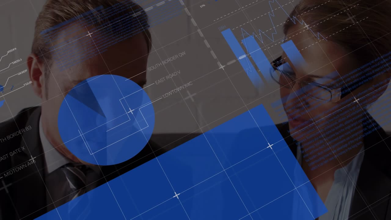 Animation of financial data processing over diverse business people working at office