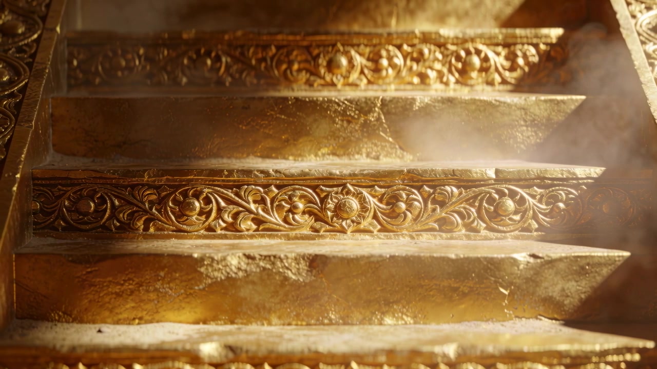 Drifting haze revealing carved floral gilded staircase at palace, showing worn treads and dust
