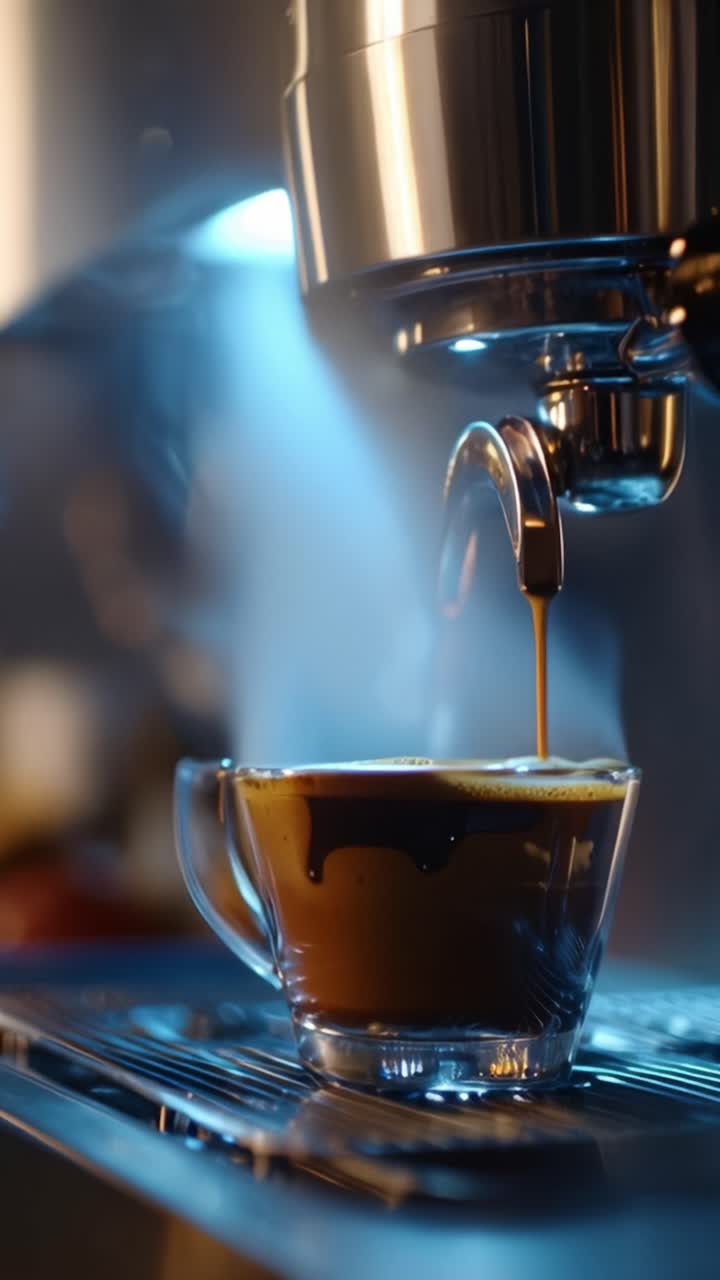 Café recién hecho vertiéndose de una máquina de espresso en una taza de cristal transparente con vapor ascendente, capturando la esencia de los rituales matutinos y los sabores aromáticos.