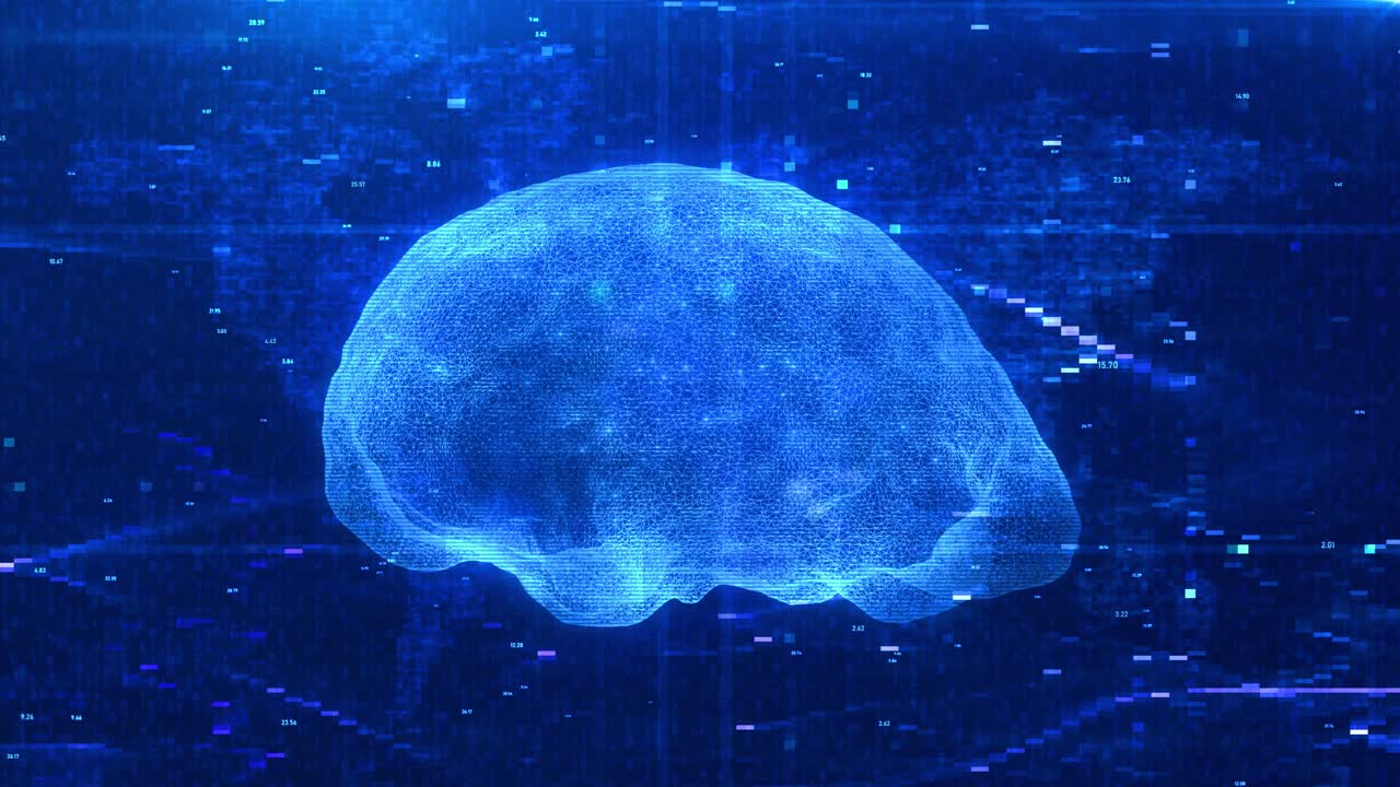Digital Wireframe Brain Rotating with Data and Glitch Effects