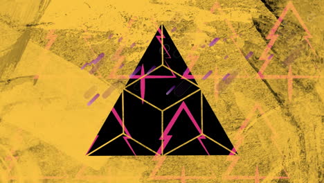 animación de fuegos artificiales púrpura y triángulos cortados en papel amarillo sucio, sobre árboles de navidad rosados