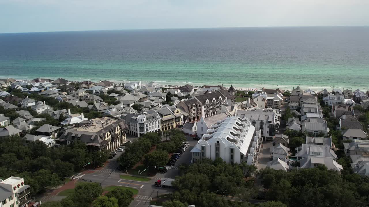 Beachfront Community At Rosemary Beach With Seascape Views At Summer In Florida, USA. - aerial