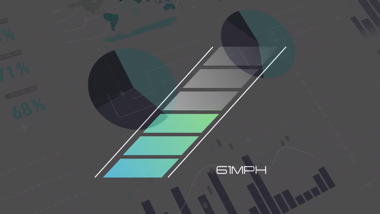 스피도미터와 회색 배경 위의 그래프와 다양한 데이터의 애니메이션