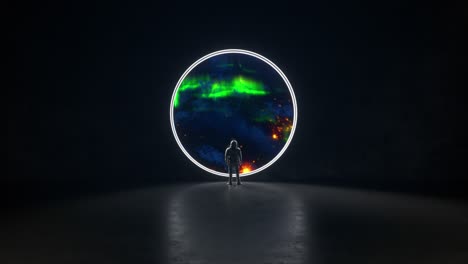 astronaut looking at a glowing space portal