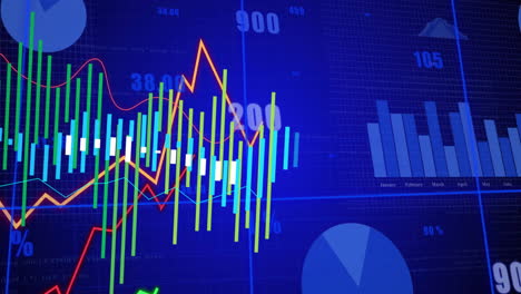 Financial-data-charts-and-graphs-animation-over-blue-background-with-numbers