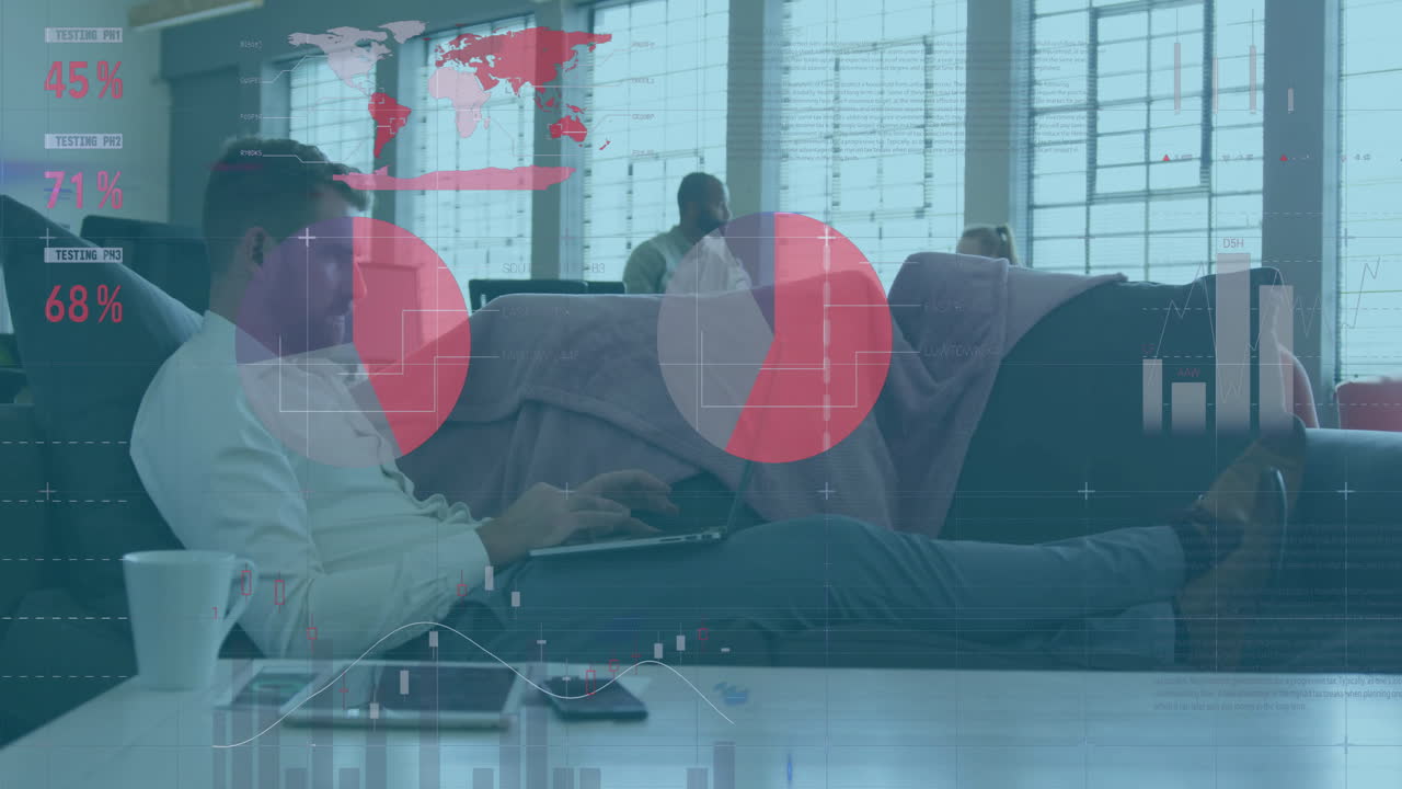 Business people working on laptops with data analytics animation overlay