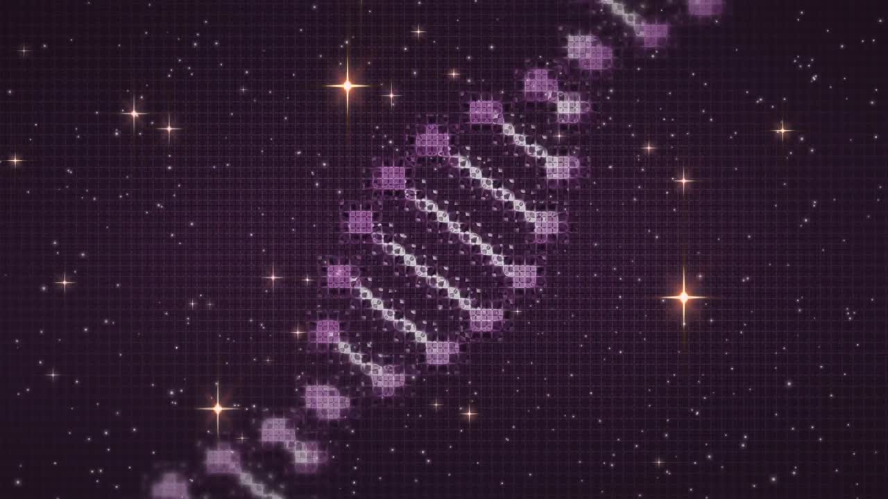 검은 바탕에 빛나는 별 위에서 회전하는 dna 가닥의 애니메이션