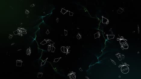 digital animation of multiple christmas icons falling over green digital waves on black background