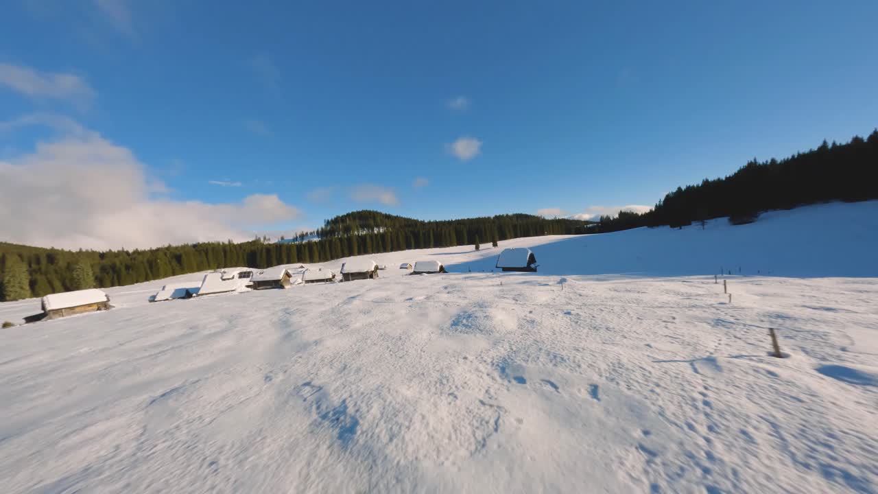 Ripresa con drone FPV catturata in Slovenia nella foresta di Pokljuka con natura e montagne circostanti all'ora dorata al tramonto con movimento veloce e cinematografico intorno al villaggio e alla foresta