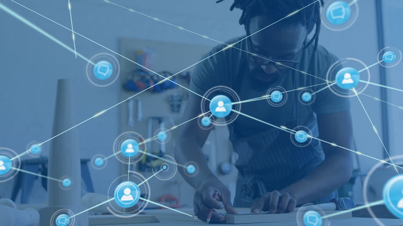 Animation of network of connections with icons over african american architect