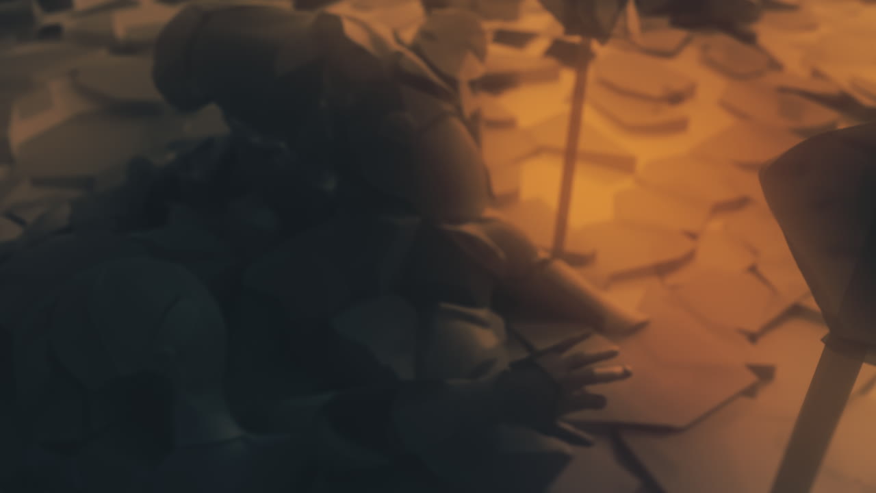 Destroyed andorids on a junkyard in yellow light