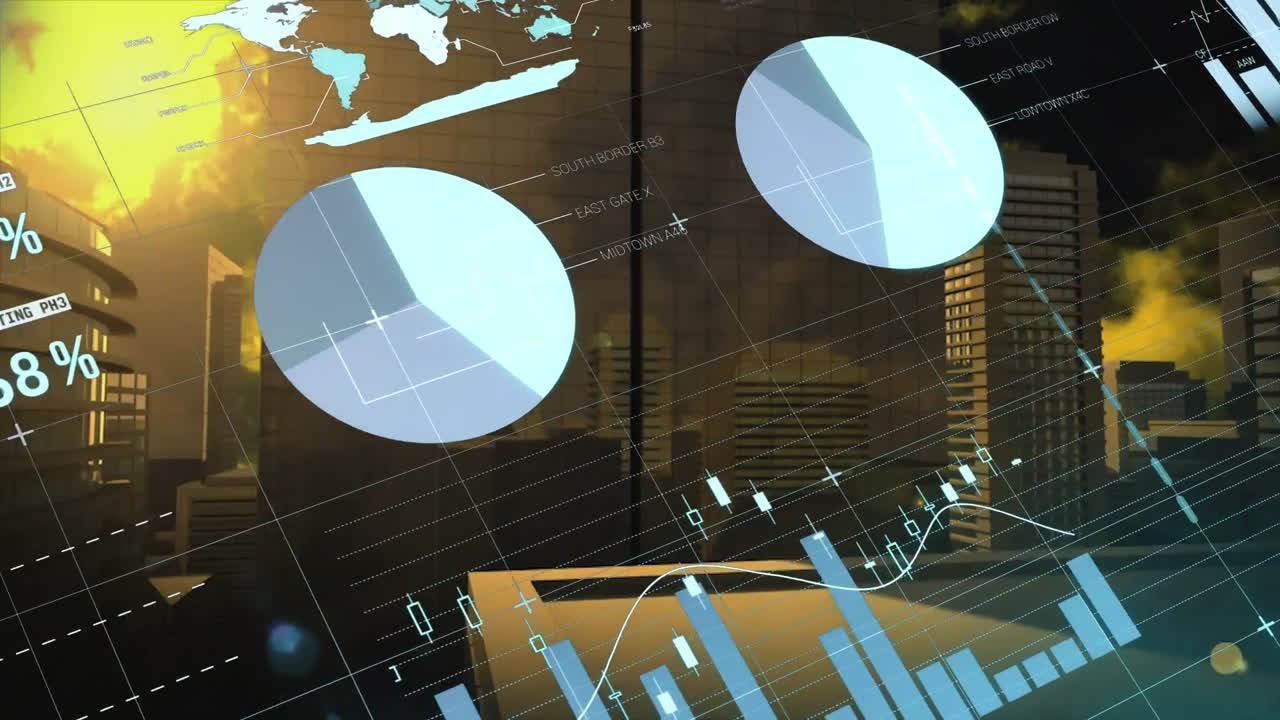 Animation of data processing over clouds on black background