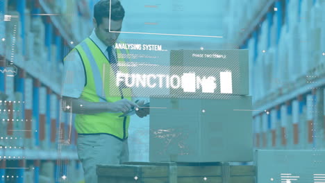 animation of data processing over man using tablet working in warehouse