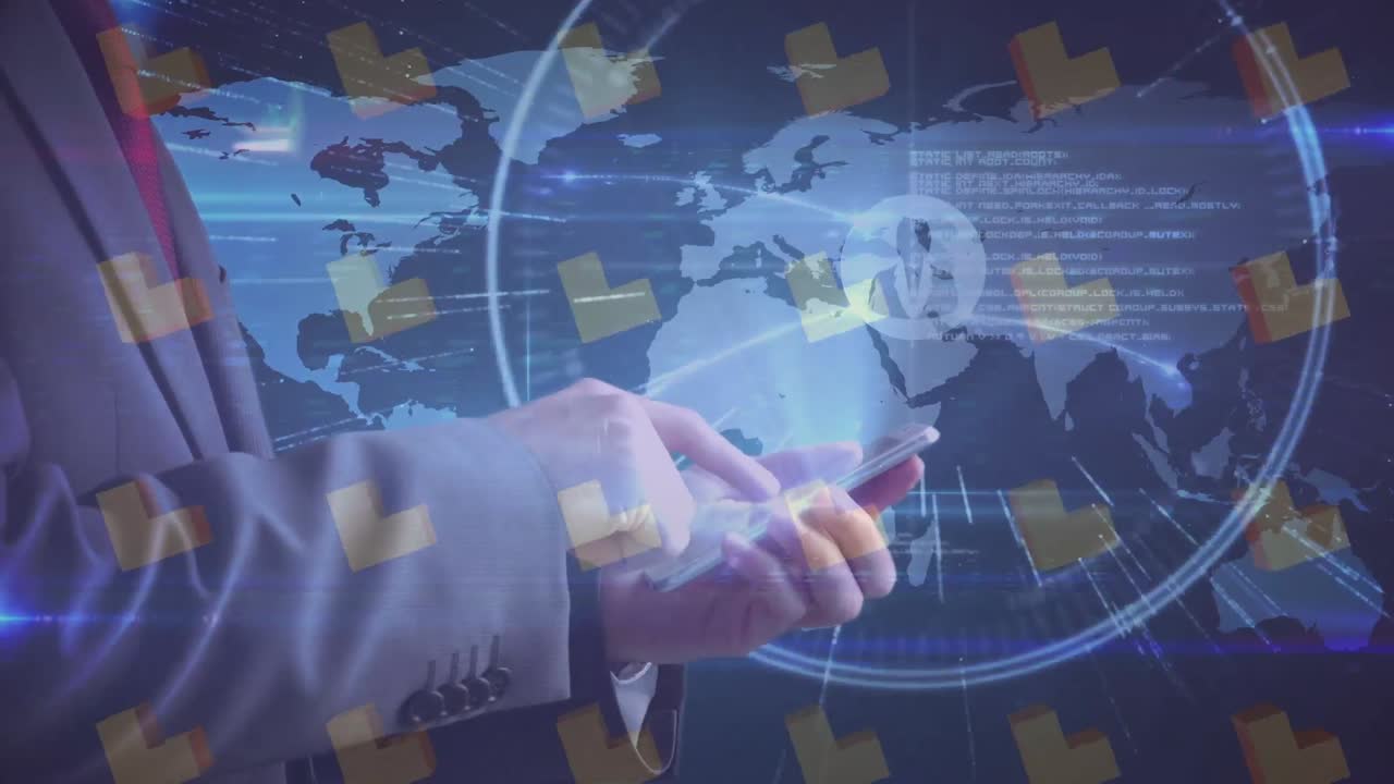 스마트 폰을 사용하는 백인 남자의 손 위에 세계 지도, 3d 모양 및 아이콘의 애니메이션
