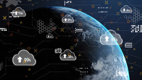 Animation-Von-Cloud-Symbolen-Mit-Pfeil-Und-Datenverarbeitung-über-Dem-Globus