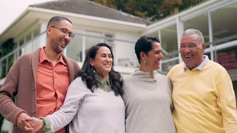 new home, love and senior parents hug excited