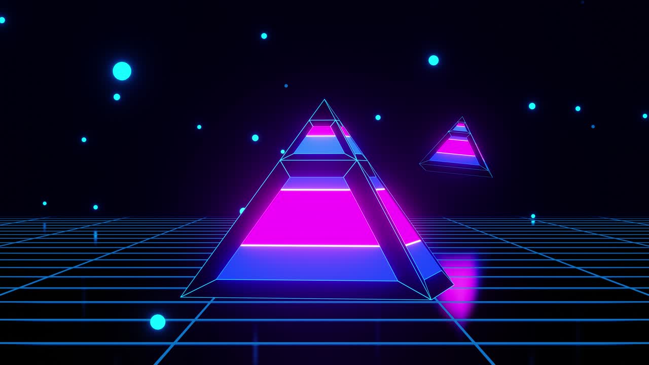 Rotation of the scanning pyramid over the neon surface. M pyramid balls fly over the plane. VJ LOOP animation for your beautiful videos. Successful creativity!
