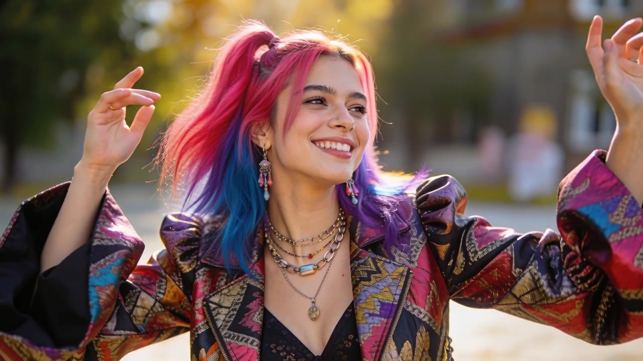 Donna sorridente che alza le mani, scuotendo le codine dopo il segnale della telecamera mentre posa all'aperto, indossando una giacca vistosa.