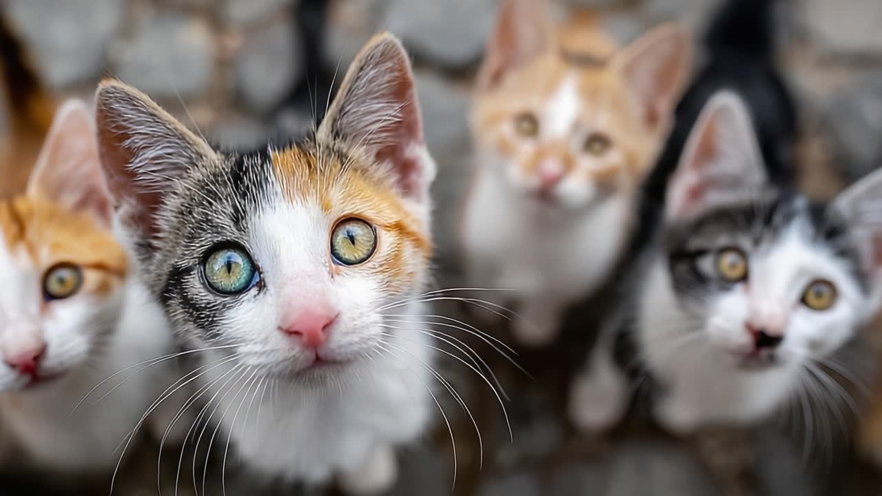Gattini curiosi: Un incontro ravvicinato con felini giocosi in una scena affascinante, ricca di baffi e occhi grandi, catturata con dettagli mozzafiato.