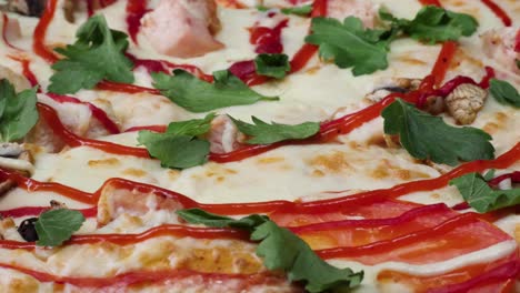 close-up of a pizza with various toppings