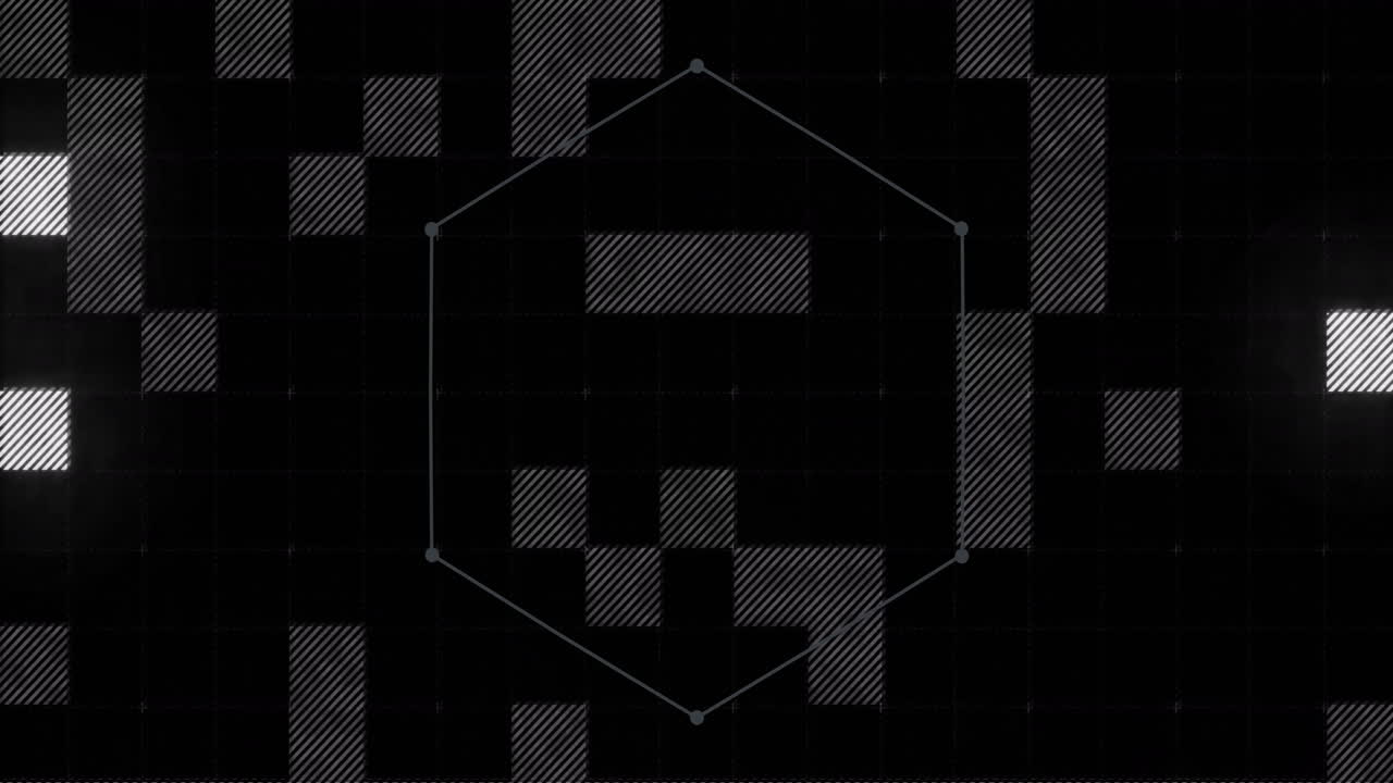 Animation of hexagon and flickering squares over black background