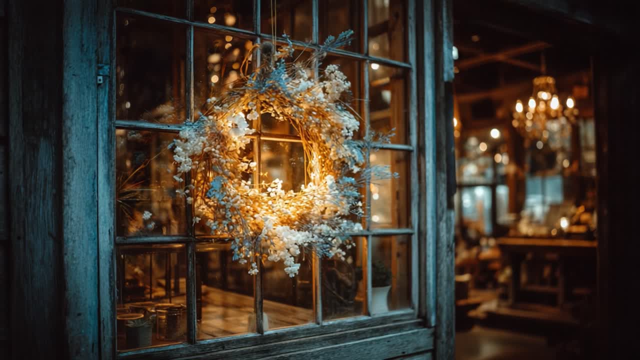 A Glowing Wreath Illuminating a Rustic Window in a Cozy, Charming Setting, Inviting Warmth and Charm into the Enchanting Atmosphere of the Space