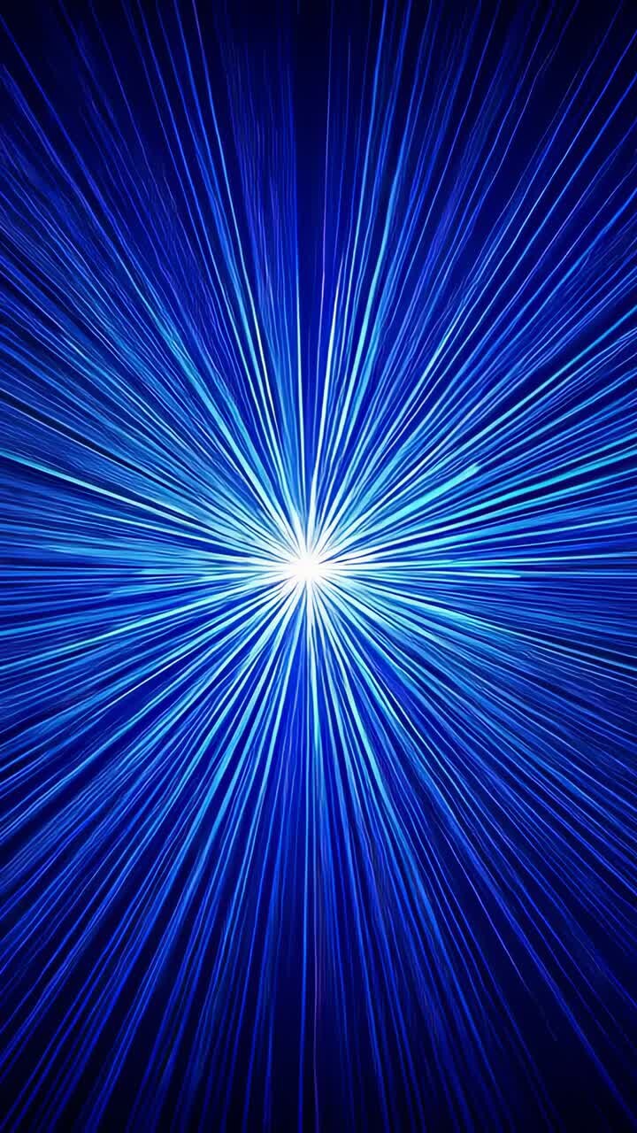 Vertical video: Pulsing white core sending blue radial rays across deep blue field, cyan accents