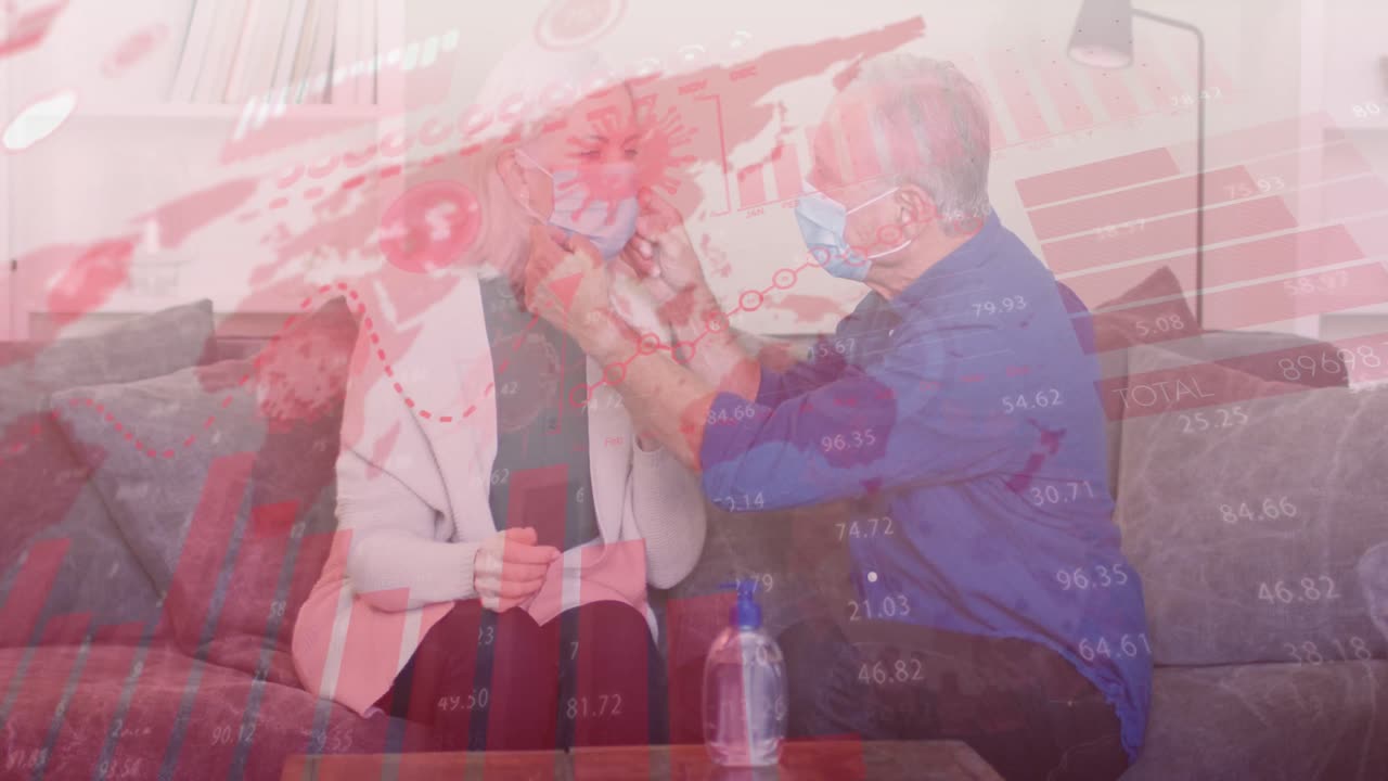 얼굴 마스크를 쓰고 집에 앉아 있는 고령 백인 부부에 대한 데이터 처리 애니메이션