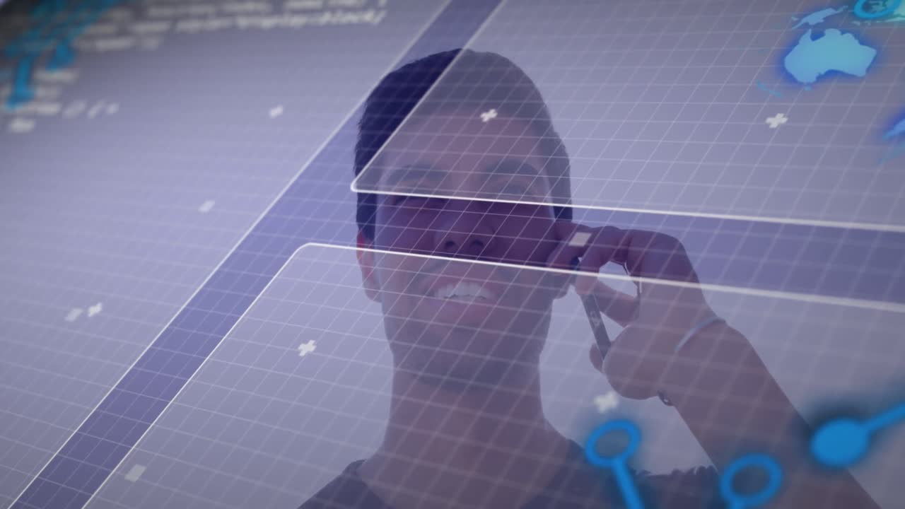 Animation of digital screen with data over happy caucasian man having call