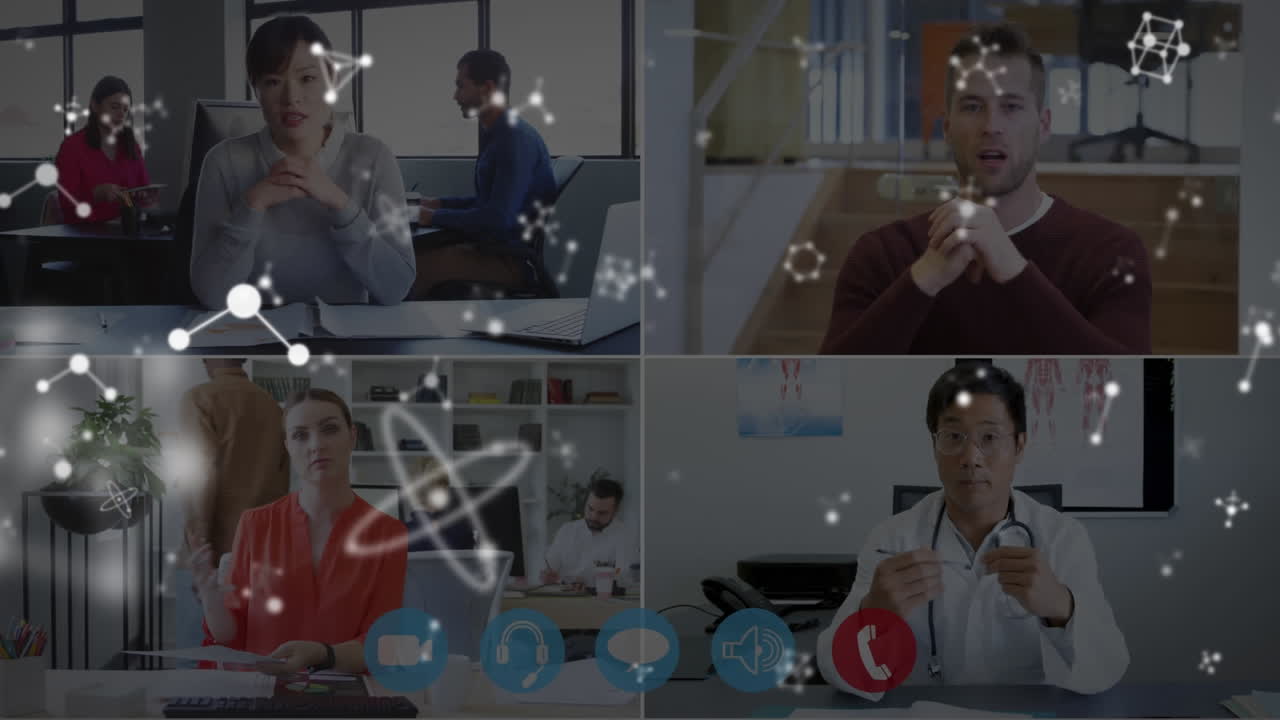 비디오 통화에서 의사와 사업가들을 중심으로 회전하는 분자의 애니메이션