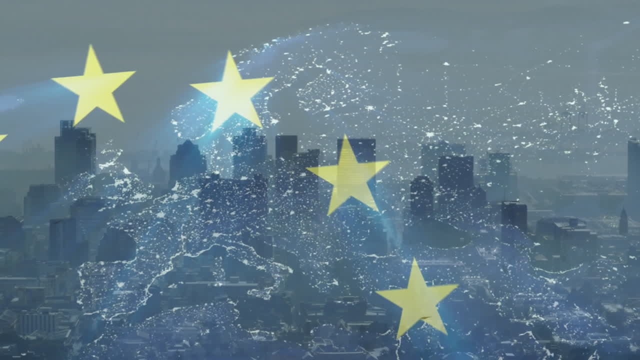 European Union stars animation over city skyline and illuminated map of Europe