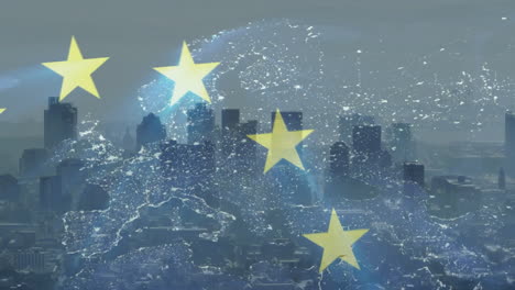 european union stars animation over city skyline and illuminated map of europe