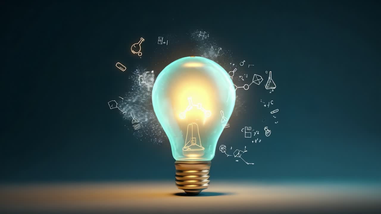 A Captivating Representation of Innovation and Knowledge: An Illuminated Light Bulb Surrounded by Various Scientific Symbols and Concepts Reflecting the Essence of Creativity