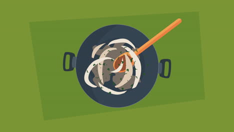 animación de cocina con sartén y cuchara