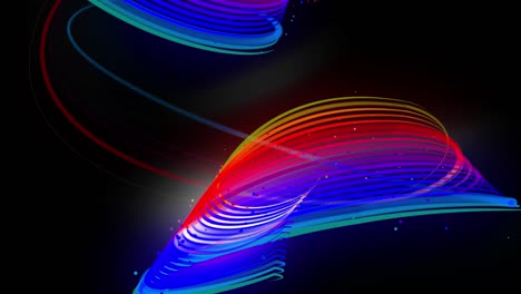 líneas de neón multicolores de cinta volar en el aire, suavemente oscilación y onda. líneas cambios de color cíclicamente forma luces de funcionamiento. 3d abstracto bucleado 4k fondo, luma mate como canal alfa