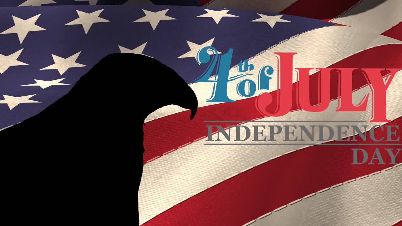 미국 국기 위에 독수리로 된 7월 4일 독립기념일 텍스트의 애니메이션