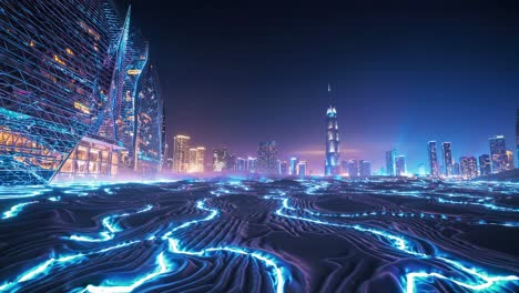futuristic city at night with glowing landscape