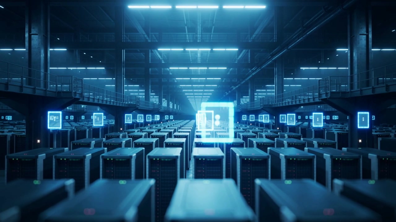 System scan initiating, central server row and holographic panels brightening in data hall