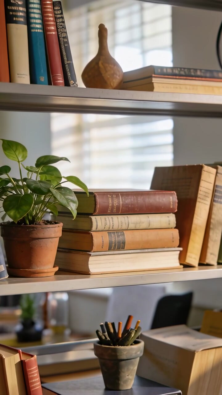 Pulling back camera showing stacked books, terracotta plant on mid shelf, revealing home office