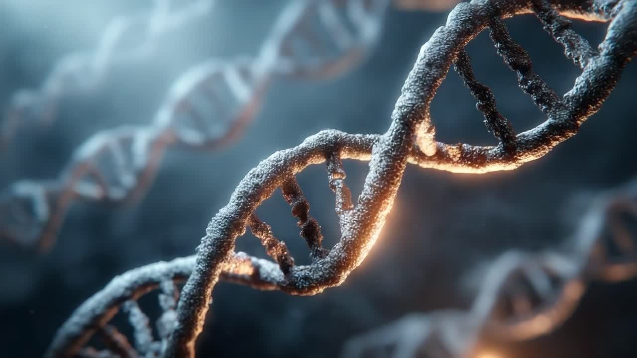Close-Up Exploration of DNA Helix Structure Featuring Lifelike Details and Glimmering Particles in a Mysterious, Ethereal Environment of Science and Discovery