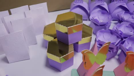 gold and purple gift boxes, hand made gift boxes for party decor