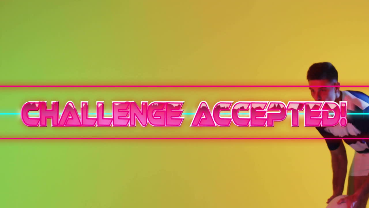 Animation of challenge accepted over caucasian male rugby player on yellow background