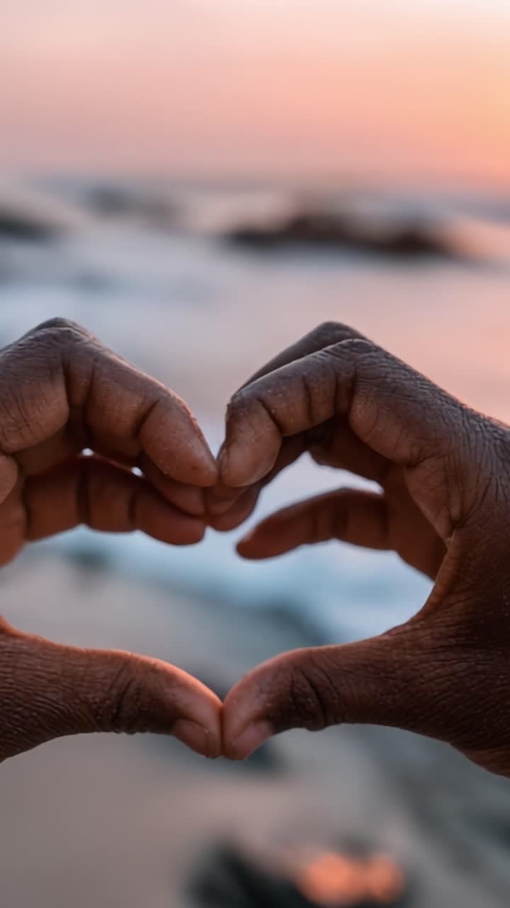 Un gesto a forma di cuore che simboleggia amore e connessione contro uno splendido tramonto, mostrando mani che formano un cuore in riva al mare con onde leggere sullo sfondo.