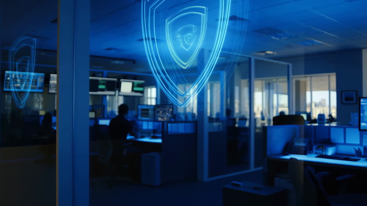 Digital Security Shield Overlay in a Modern Office Environment