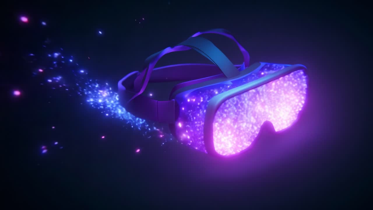 A mesmerizing visual experience showcasing a pair of vibrant, sparkling virtual reality goggles surrounded by dynamic bursts of color and light effects representing advanced technology