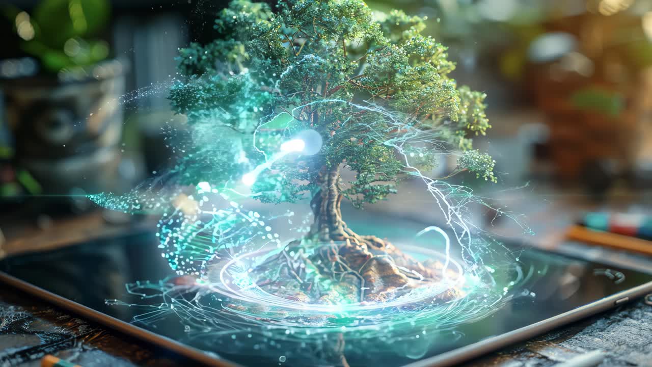 A small tree is on a square board with a background of rocks. The tree is surrounded by a blue and white background