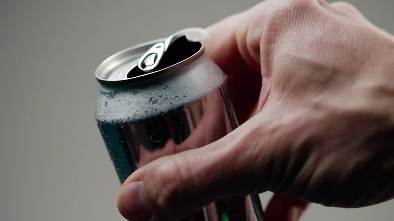 Hand holding a cold, open can of soda