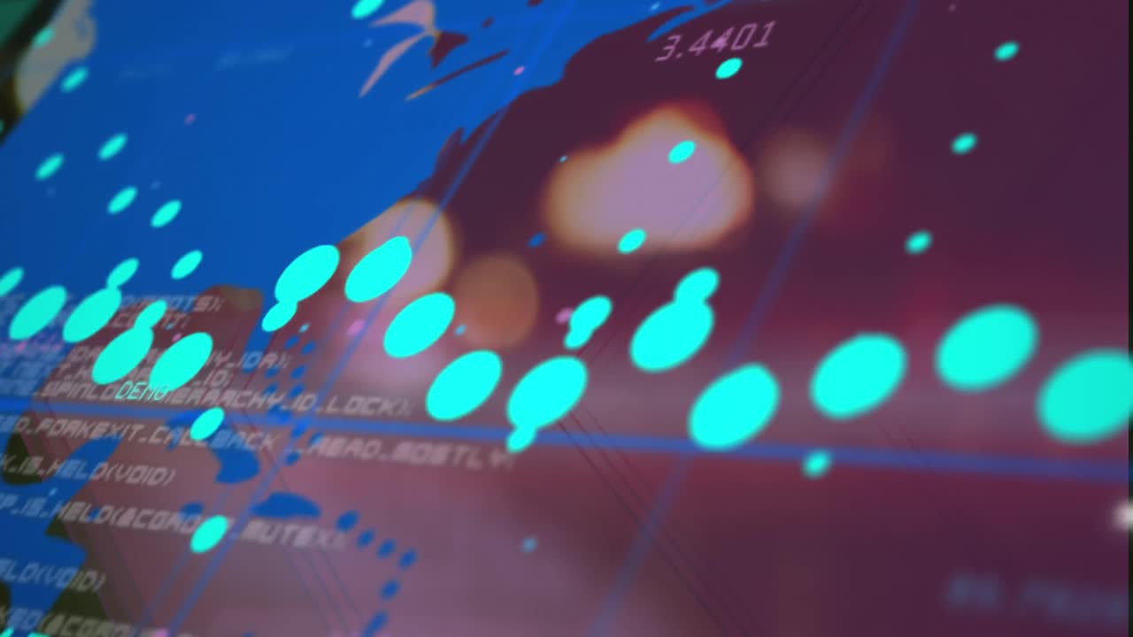 밤에 도시 교통에 대항하여 세계 지도에 대한 데이터 처리의 애니메이션