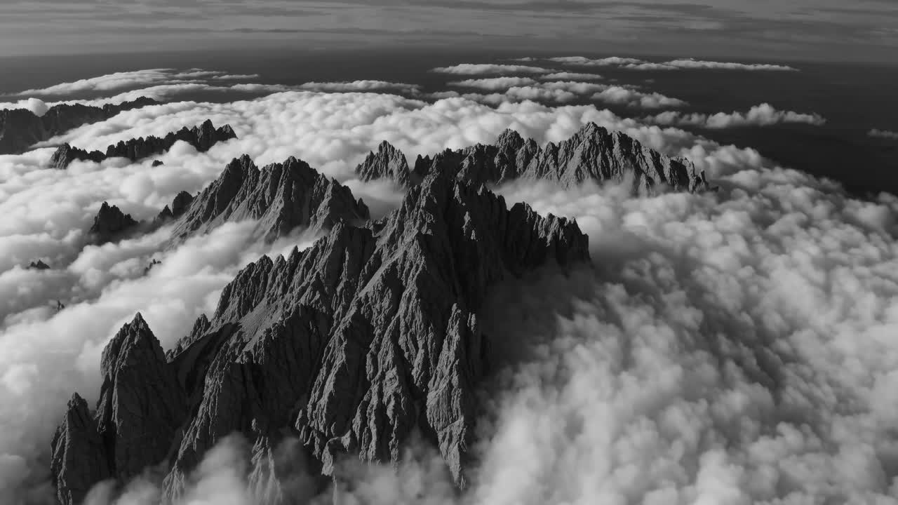 Aerial video shot of jagged mountain peaks piercing through a sea of clouds, captured in dramatic