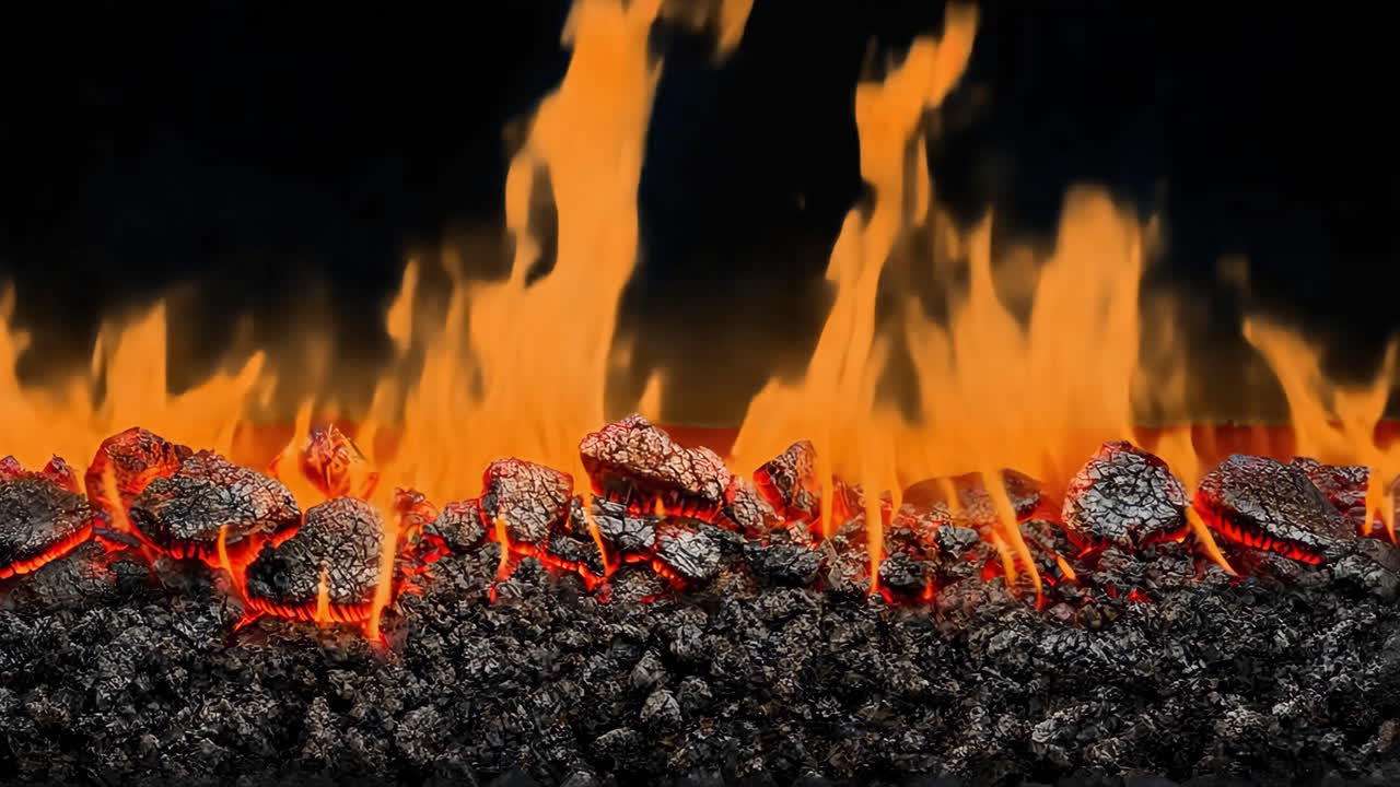 Vivid fiery burning coals imagery animated overlay, transparent 4K video, alpha channel, ProRes 4444